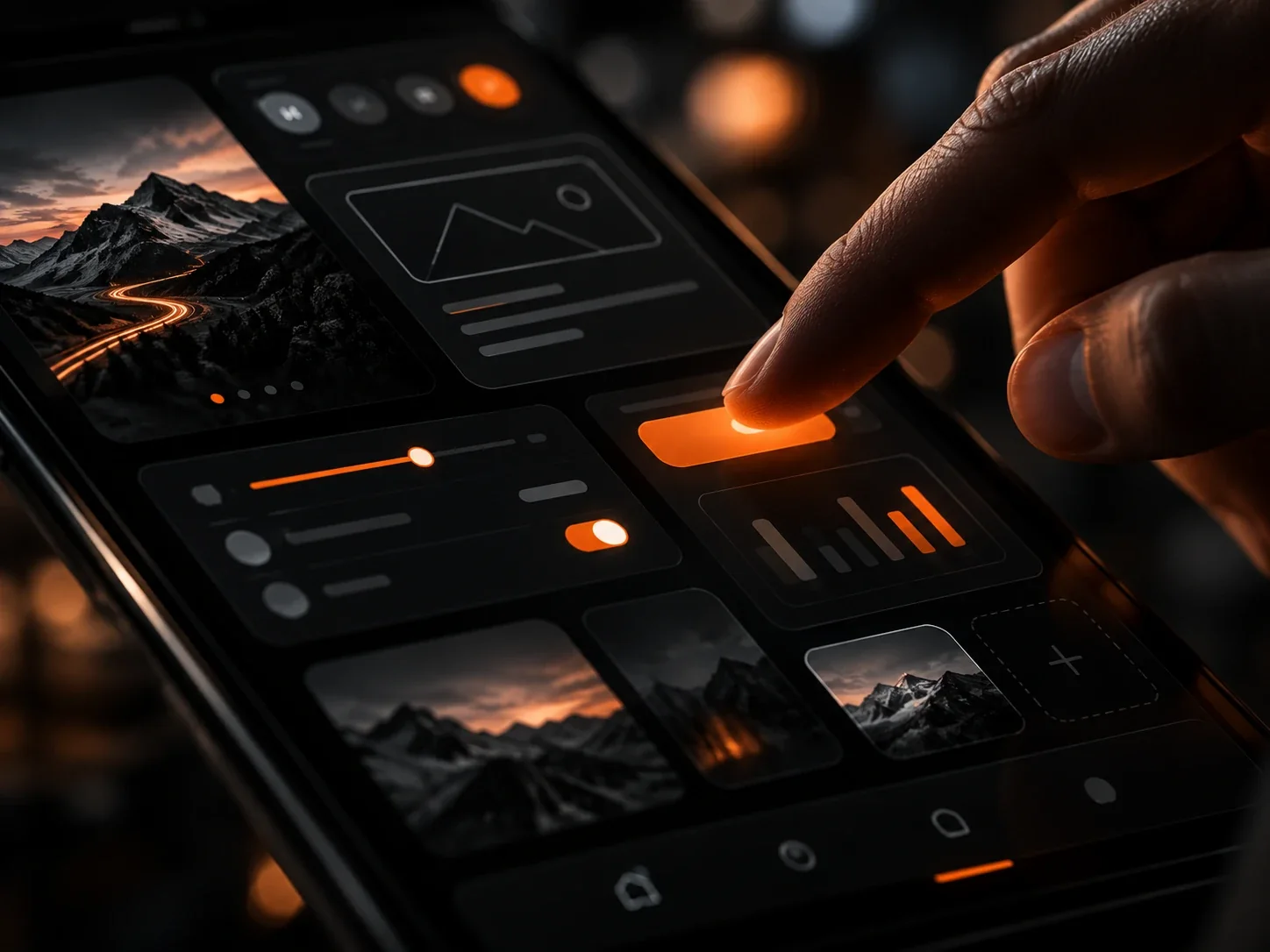 Hand tippt auf einen orangen Button in einer dunklen App-Oberfläche