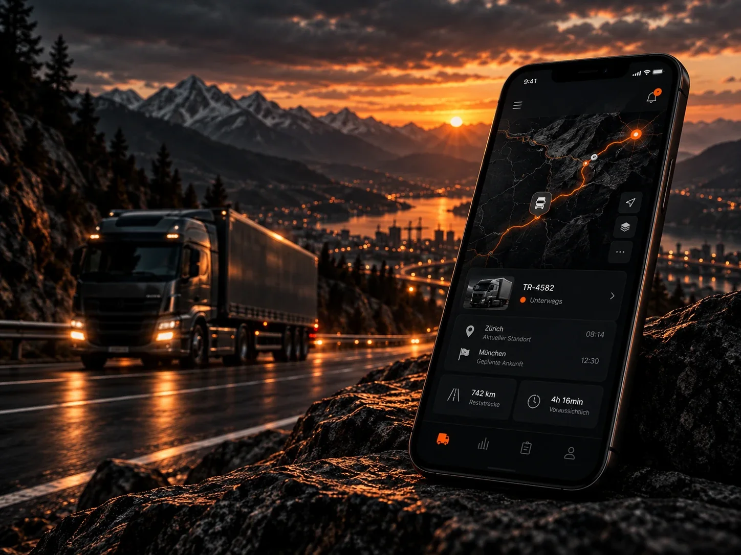 Flotten-App mit Karte und Routenverlauf, im Hintergrund ein LKW auf einer Bergstraße