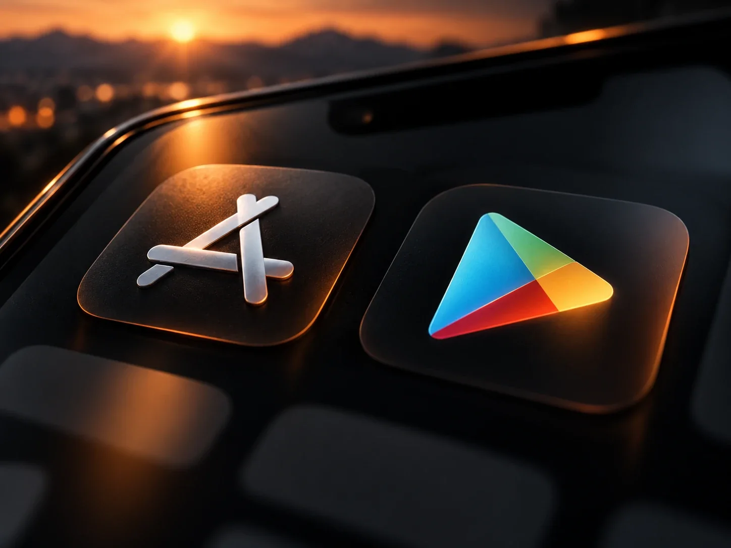 App Store und Google Play Icons auf einem dunklen Smartphone-Display