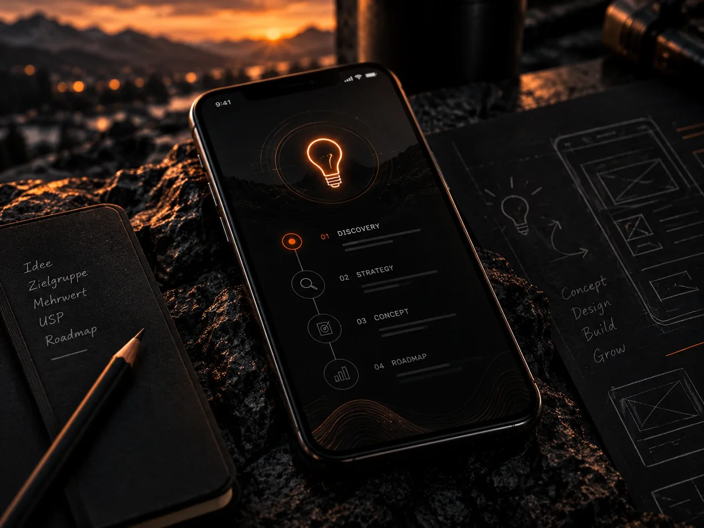 Smartphone mit Glühbirnen-Screen neben Notizbuch mit Idee, Zielgruppe, Mehrwert, USP und Roadmap